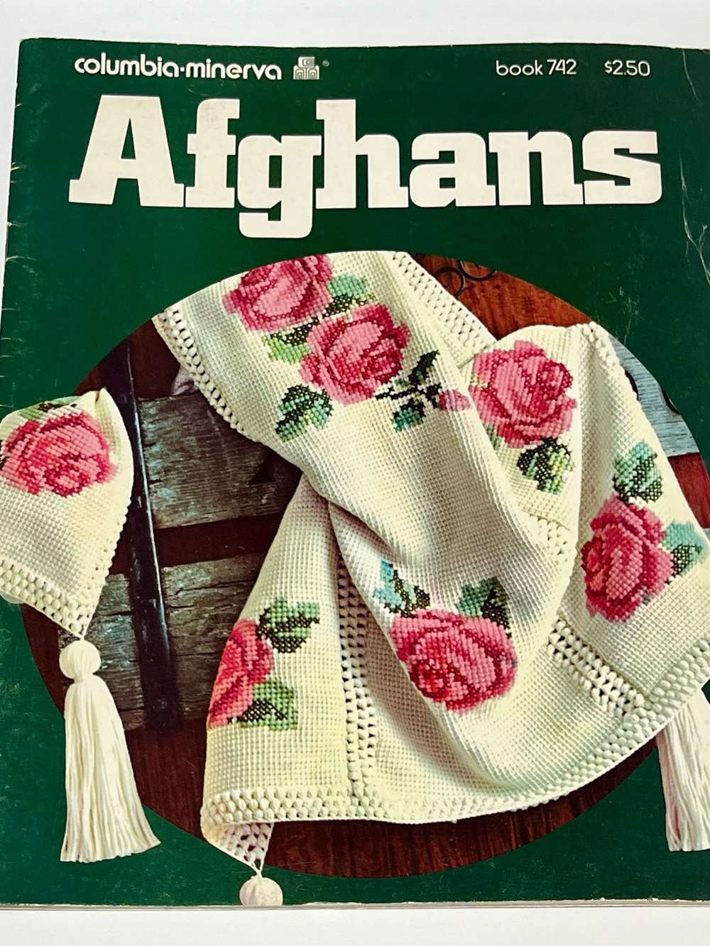 Pattern Book with Pink Rose Afghan Print on Cream Throw
